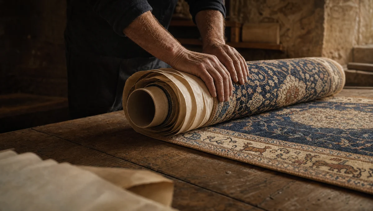 Illustration : préparation d’un tapis roulé pour sa conservation