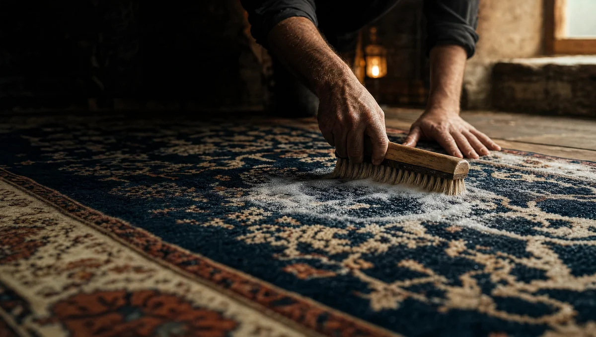 Illustration : nettoyage délicat d’un tapis à motifs indigo