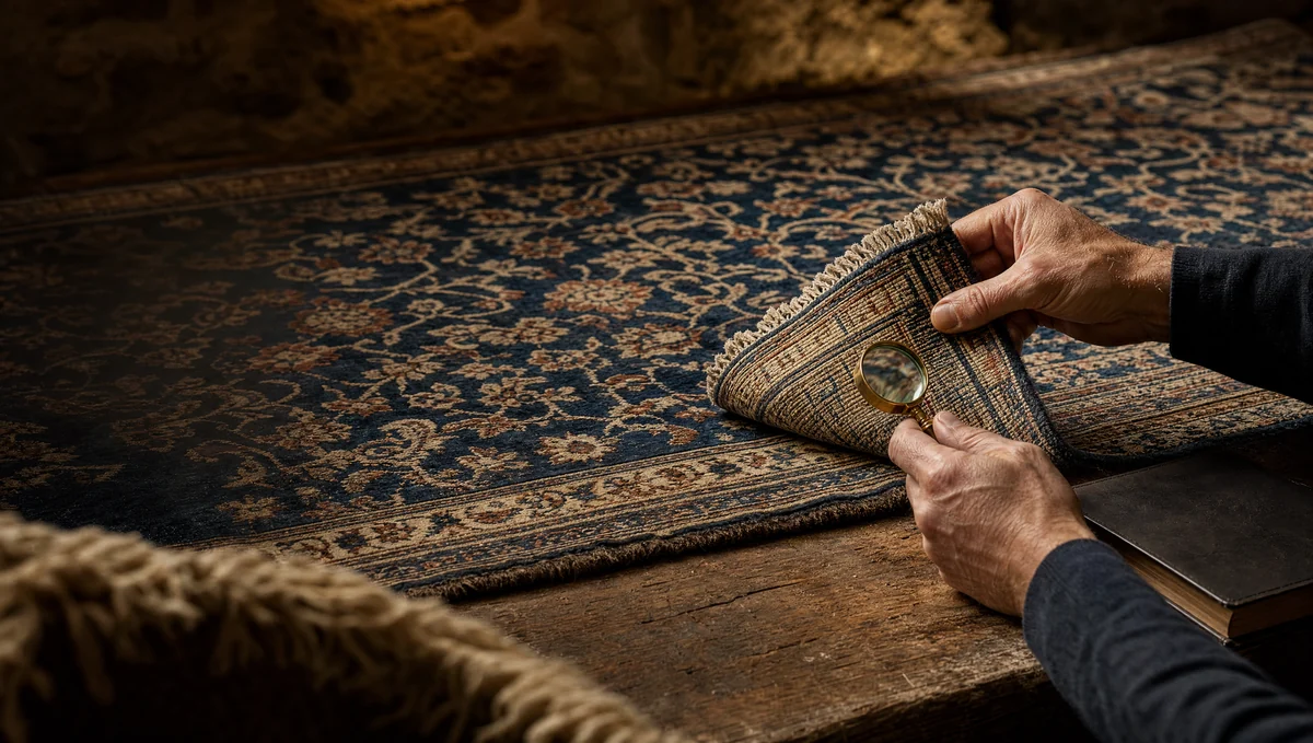 Illustration : examen des détails d’un tapis en vue de son appréciation